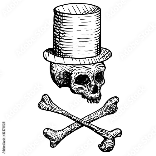 Hand-drawn skull of a dead man in a top hat, with crossbones, on a white background. Vector illustration (ID: 338711439)