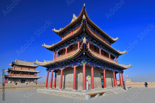 Gable hip roofs-watchtowers over Conciliation and Sighs Gates-Jiayu Pass-Jiayuguan city-Gansu-China-0786