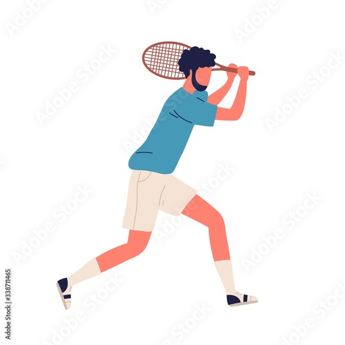 Cartoon bearded male professional big tennis player backhand smash hold racket vector flat illustration. Active man in sports apparel playing in receive position isolated on white background