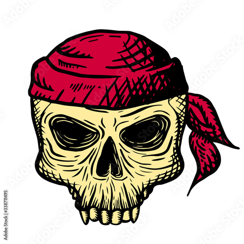 Hand drawn skull of a dead man in a red bandana, on a white background. Vector illustration (ID: 338711495)