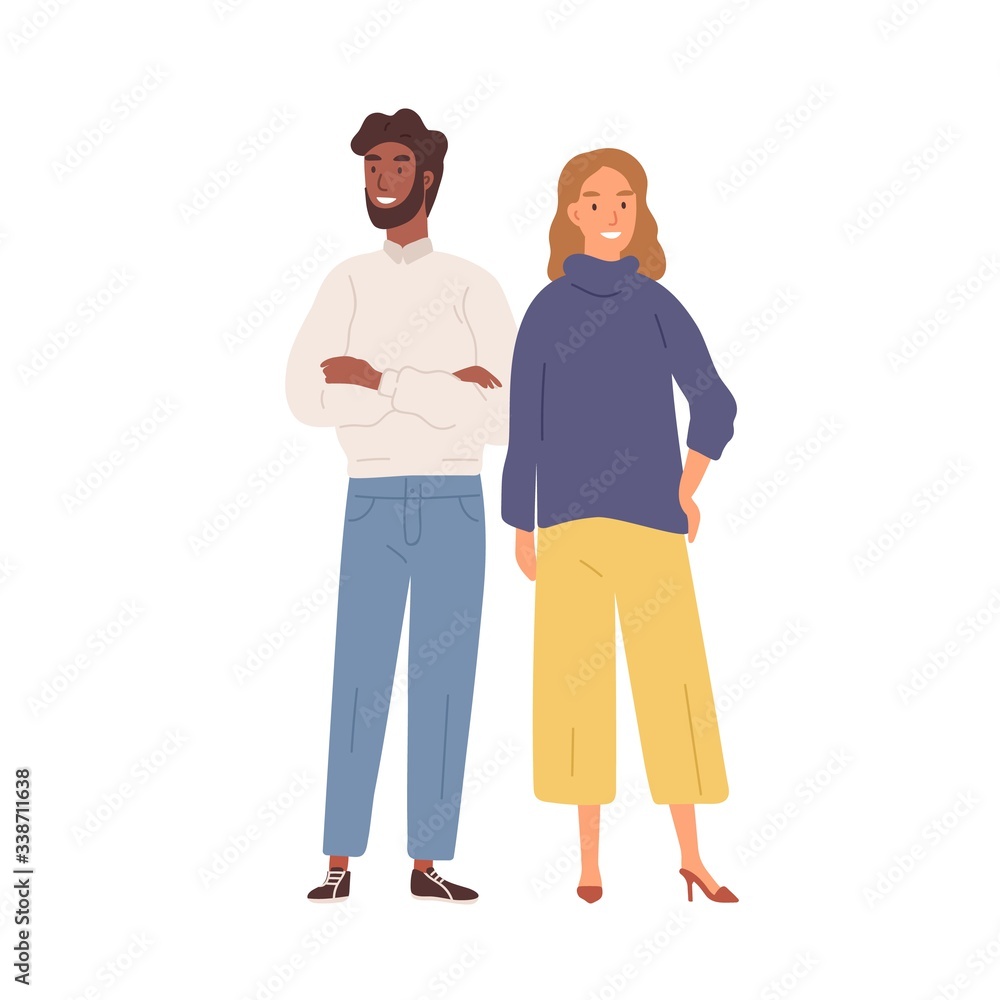 Happy cartoon diverse man and woman standing together isolated on white background. Positive couple black skin male and European female posing vector flat illustration. Modern stylish young people