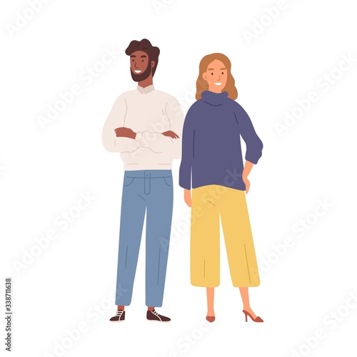 Happy cartoon diverse man and woman standing together isolated on white background. Positive couple black skin male and European female posing vector flat illustration. Modern stylish young people