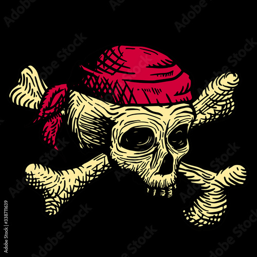 Hand drawn skull of a dead man in a red bandana, with crossbones, on a black background. Vector illustration (ID: 338711639)