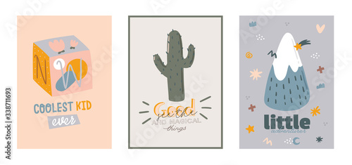 Cute baby shower in scandinavian style including trendy quotes and cool animal decorative hand drawn elements. Cartoon doodle kids illustration for nursery room decor, children design. Vector.