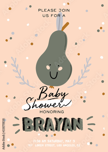 Cute baby shower in scandinavian style including trendy quotes and cool animal decorative hand drawn elements. Cartoon doodle kids illustration for nursery room decor, children design. Vector.