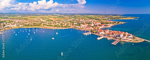 Adriatic coastline of Umag architecture aerial view