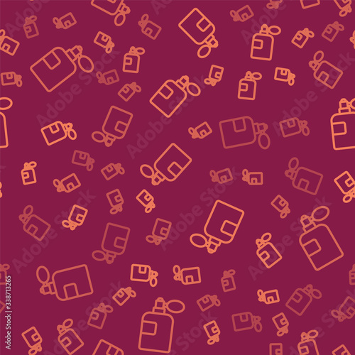 Brown line Perfume icon isolated seamless pattern on red background.  Vector Illustration