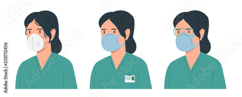 Illustration of doctor woman with antivirus protection, medical masks and protective glasses. Design element for poster, label, sign, emblem, infographic. Vector illustration