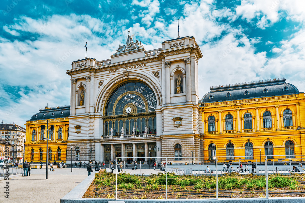 BUDAPEST, HUNGARY-MAY 05, 2016: Budapest Keleti Railway Station with people is the main international and inter-city railway terminal in Budapest, was opened in 1884 and is almost largest in Europe.