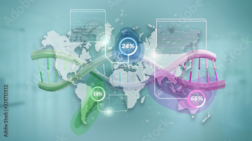 DNA over a world map with geographic localization - genealogy concept - 3d rendering photo