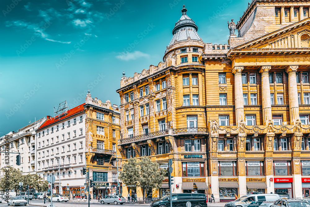 BUDAPEST,HUNGARY-MAY 05,2016:Beautiful landscape urban view,city streets,people,architecture of the Budapest,capital of Hungary.