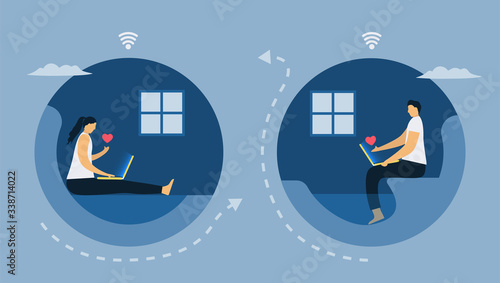 Video conference calls with Laptop. Social distancing design for the trend of this year. It is a coronavirus or COVID-19. Vector illustration is in flat style. Work from home.