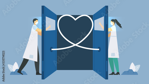 Social distancing of doctor and nurse. They help patients that infect with new coronavirus 2019. Save life. Vector illustration is in flat style.