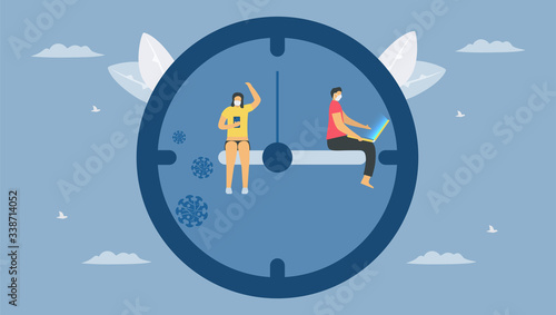 Social distancing on clock. You have to sit away from people. Save life from coronavirus outbreak. Manipulation vector illustration designs in flat style.