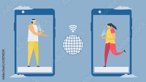 Online communication with smartphone and smart watch technology. Social distancing design for the trend of this year. It is a coronavirus or COVID-19. Vector illustration is in flat style.
