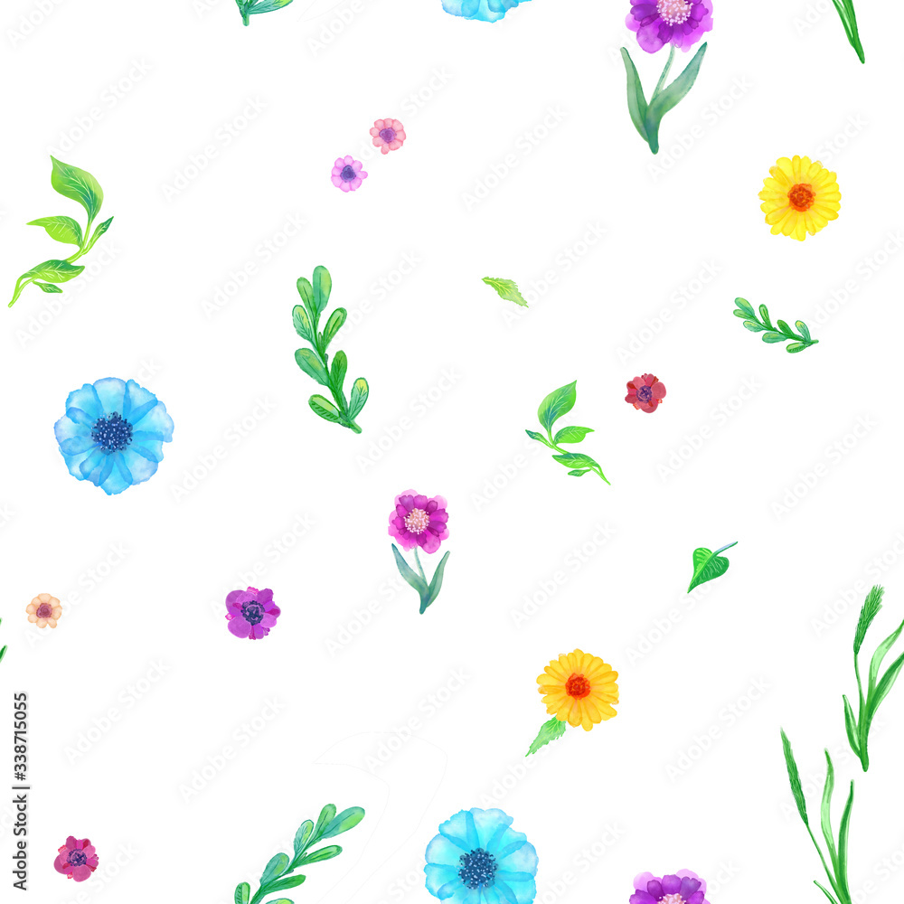 A seamless pattern for design with summer flowers. Hand drawn endless floral texture on white background