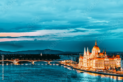 Hungarian Parliament at evening. Budapest. One of the most beautiful buildings in the Hungarian capital.