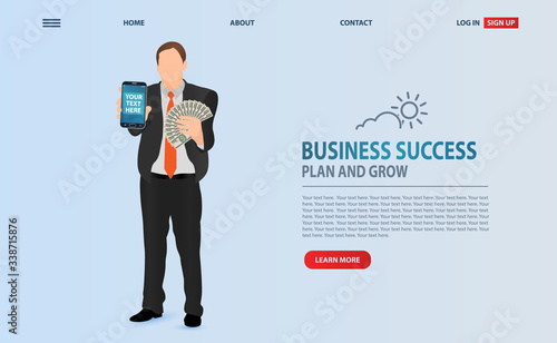 Businessman holds a fan of money and shows his smartphone. Business leader vector concept. Сoncept of success and wealth. Symbol of achievement victory, top career and leadership.