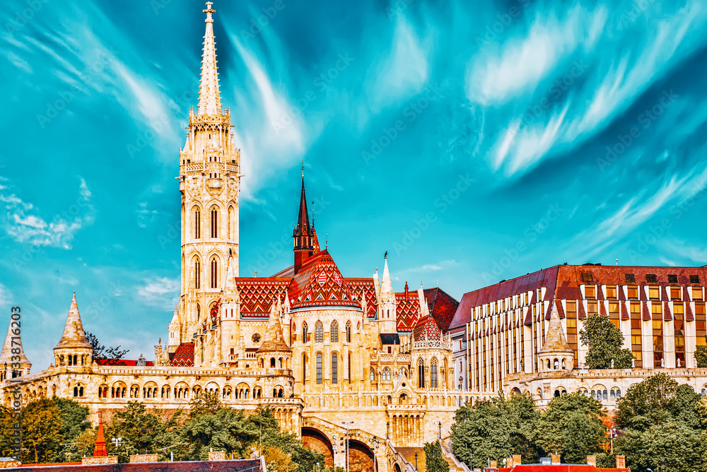 Fototapeta premium Church of St. Matthias and Fisherman's Bastion from the shore of the Danube. Budapest. Hungary