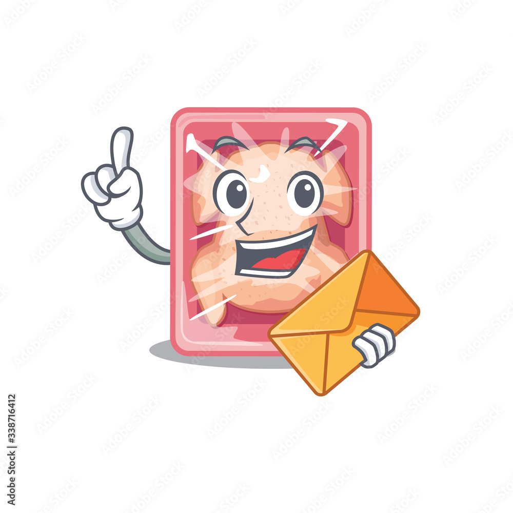 Happy frozen chicken mascot design concept with brown envelope