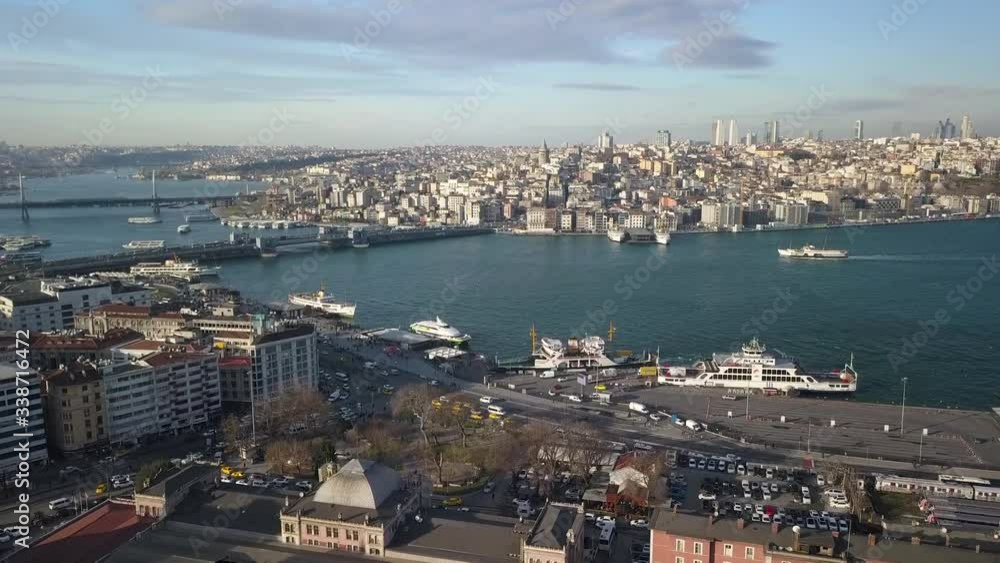 Aerial View of Istanbul Turkey, Bosporus Strait and Galata Bridge Under Golden Hour Sunlight Aerial View of Istanbul Turkey, Bosporus Strait and Galata Bridge Under Golden Hour Sunlight