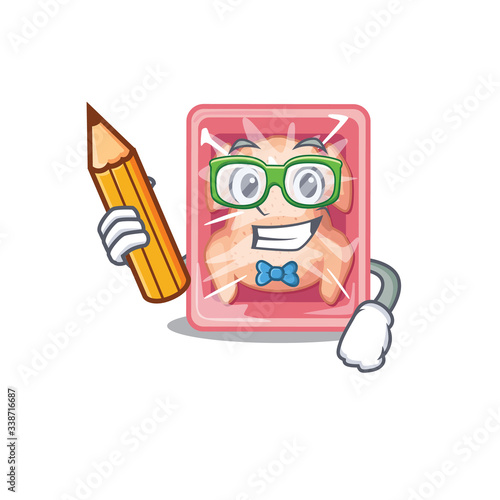 A brainy student frozen chicken cartoon character with pencil and glasses