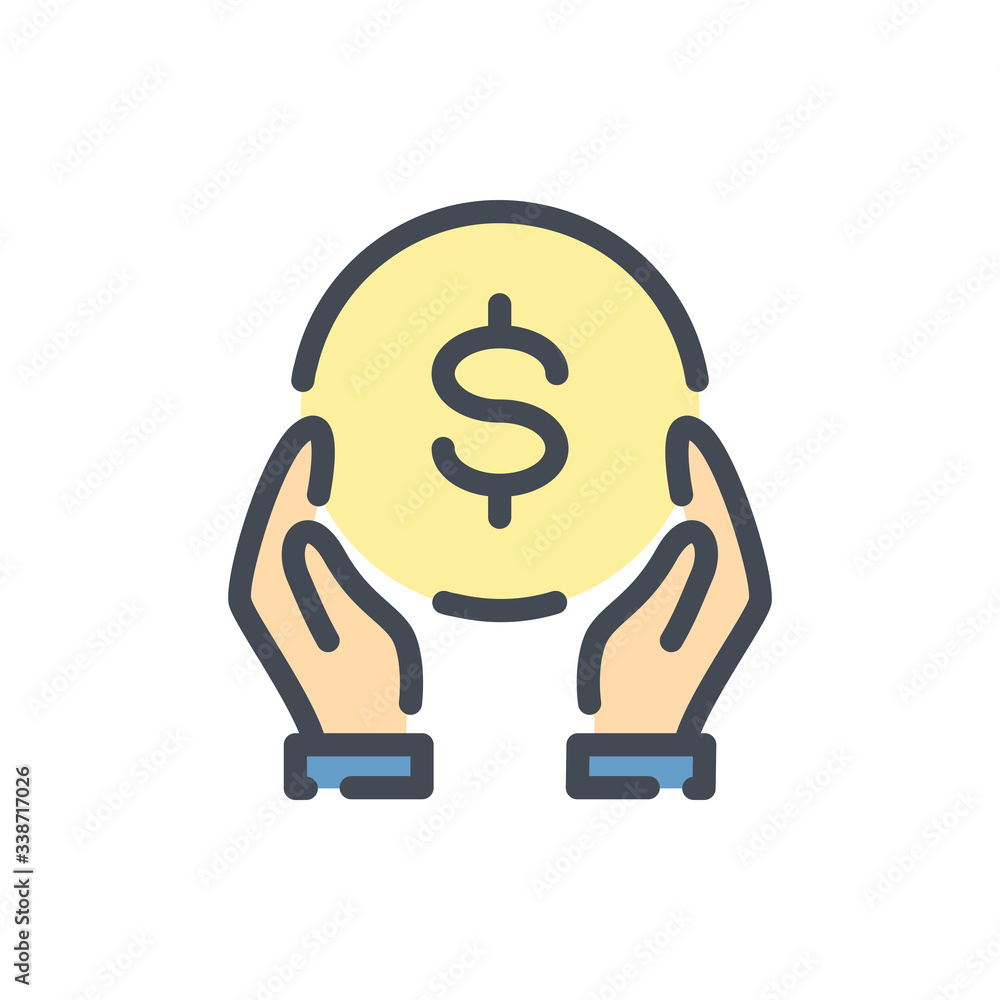 Money Donation color line icon. Charity and Financial Support vector outline colorful sign. Money Donation color line icon. Charity and Financial Support vector outline colorful sign.