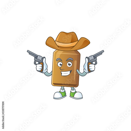 A cowboy cartoon character of syrup cure bottle holding guns
