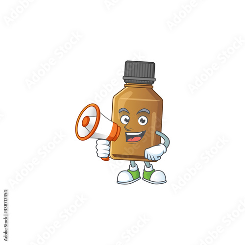 A picture of syrup cure bottle cartoon design style speaking on a megaphone