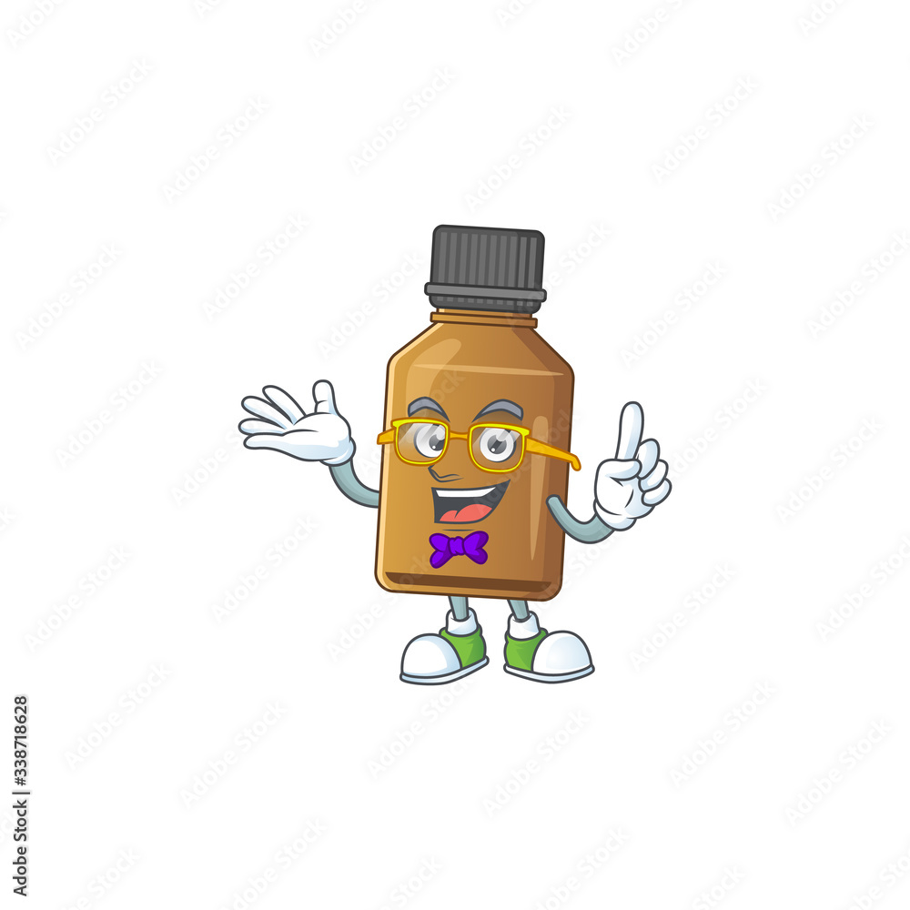Cartoon character design of Geek syrup cure bottle wearing weird glasses