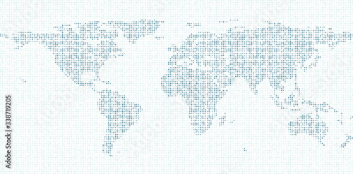 Simplified symbolic dot pattern world map. Flat earth. Light blue map template for mobile apps, websites, reports, news, infographics. Globe map icon. Travel worldwide backdrop