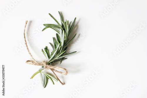 Closeup of fresh rosemary herb branch with craft rope isolated on white table background. Healthy food. Culinary, gardening concept. Rosmarinus officinalis green aromatic leaves. Empty copy space.