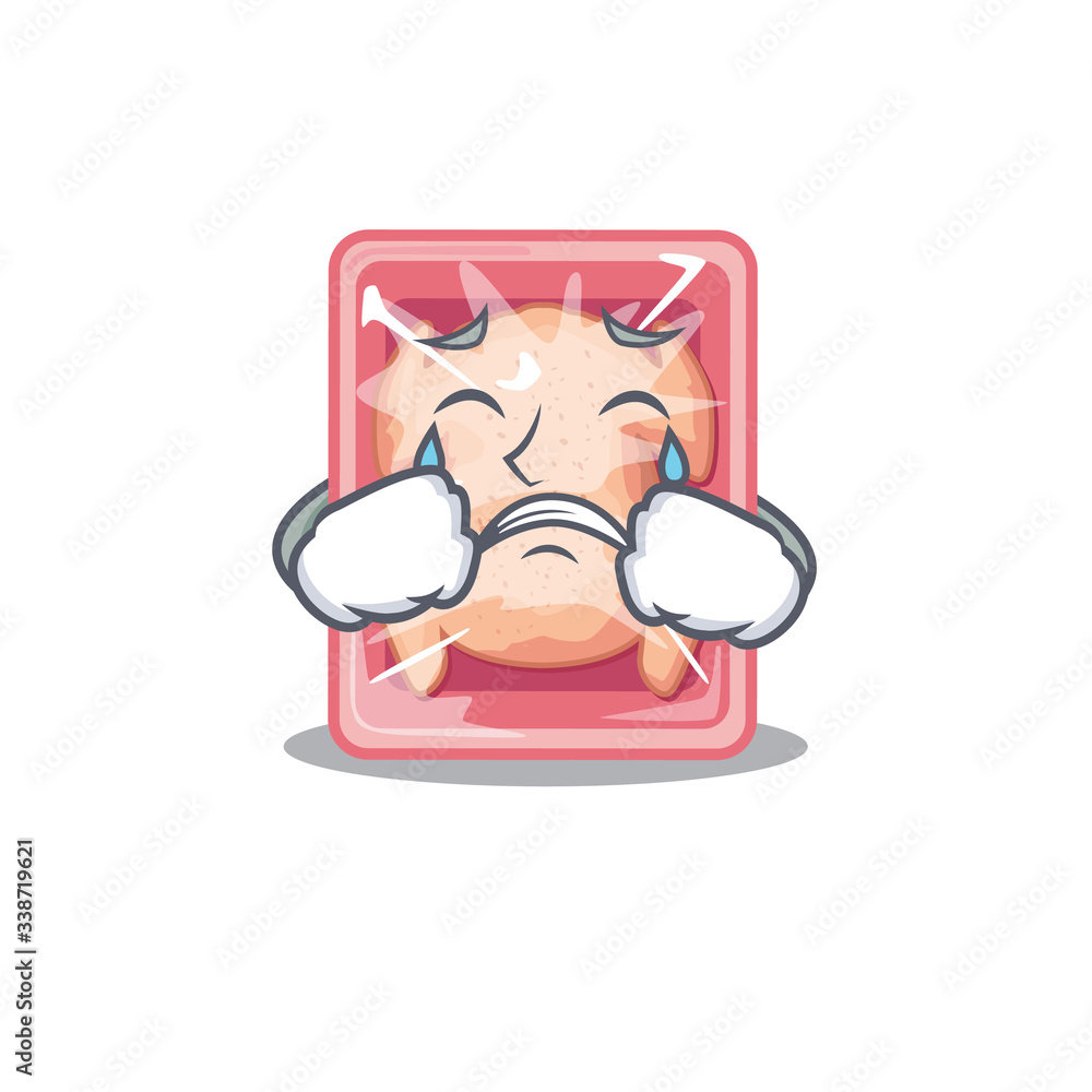 Cartoon character design of frozen chicken with a crying face