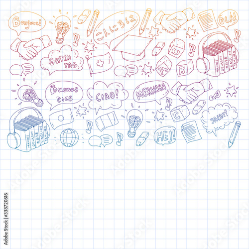 Vector icons. Language learning. Audio course. Spanish, english, italian, french, german, arabic, chinese.