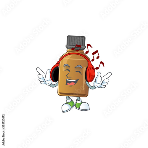 Cartoon mascot design syrup cure bottle enjoying music with headset