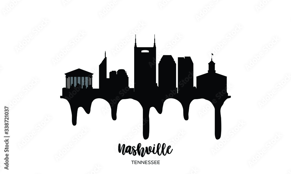 Nashville Tennessee USA black skyline silhouette vector illustration on white background with dripping ink effect.
