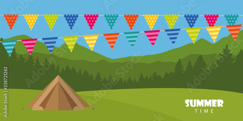 camping time outdoor summer landscape with tent and party flag vector illustration EPS10