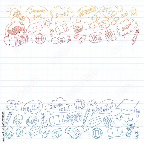 Vector icons. Language learning. Audio course. Spanish, english, italian, french, german, arabic, chinese.