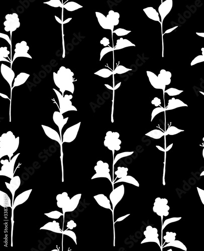 Seamless floral pattern, twig with berries, silhouette simple drawing. Elegant vintage black and white. Design for wallpaper, fabric, textile, packaging, wedding design.