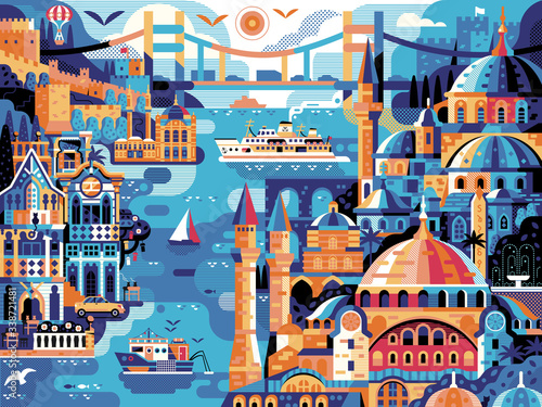 Fotótapéta Istanbul Panoramic Cityscape Travel Horizontal Vintage Poster