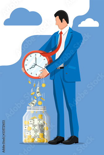 Glass money jar, gold coins banknotes falling from clocks. Saving dollar coin in moneybox. Growth income, savings, investment. Banking, time is money. Wealth business success. Flat vector illustration