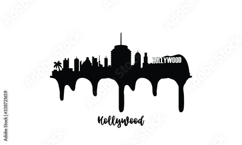 Hollywood USA black skyline silhouette vector illustration on white background with dripping ink effect.