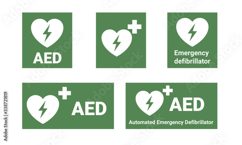 AED Emergency defibrillator location signs or stickers. Automated External Defibrillator