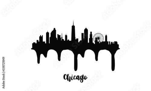 Chicago USA black skyline silhouette vector illustration on white background with dripping ink effect.