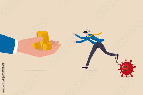 Business help, government economic stimulus package in COVID-19 Coronavirus financial crisis concept, businessman with protective mask chain with virus pathogen running to get money from helping hand.