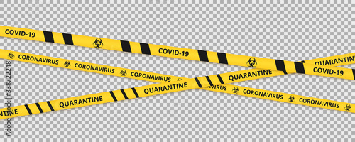 Coronavirus background of quarantine tape border. Warning coronavirus quarantine yellow and black stripes.