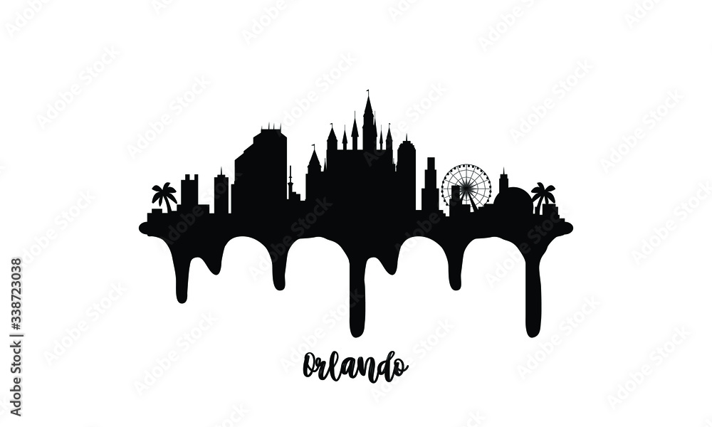 Orlando Florida USA black skyline silhouette vector illustration on white background with dripping ink effect.