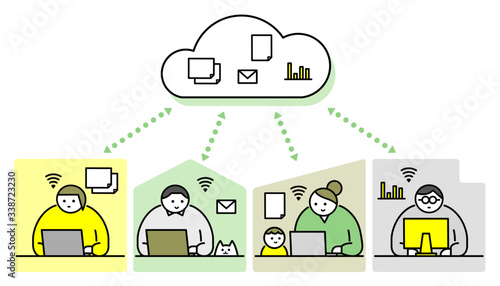 リモートワーク_横長クラウド_Remote work,Cloud,vector_BK_Y