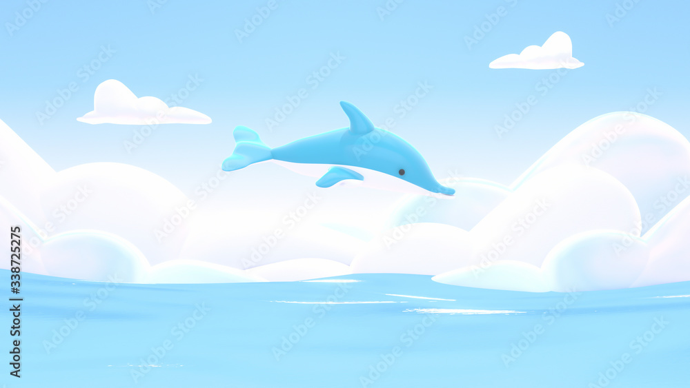 Cartoon dolphin and sea. 3d rendering picture.