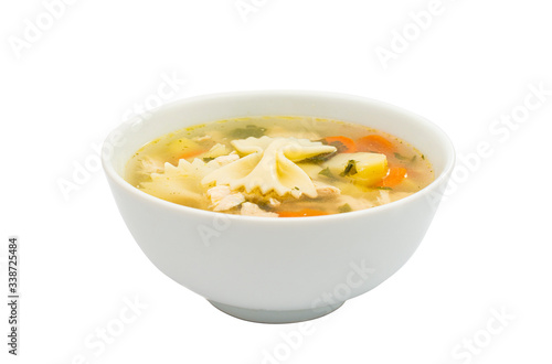 chicken broth with pasta isolated